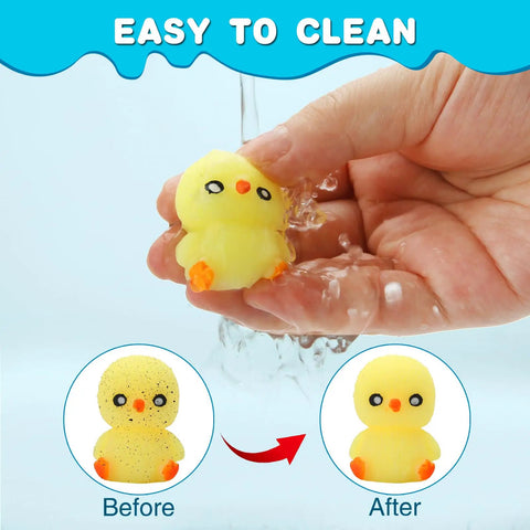30 Pack Totally Rad Squishy Toys Mini Kawaii Mochi Squeeze Buddies yellow chick being washed under running water.