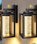 Premium Black Exterior Wall Mount Light Featuring Dusk To Dawn Sensor And Built In Led For Garage And Patio, dual view.