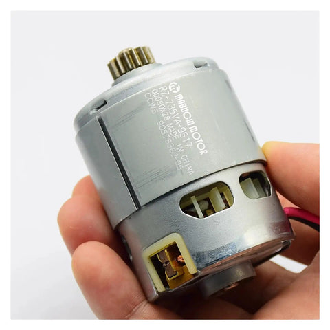 Heavy Duty Electric Starter Motor Assembly With 15 Tooth Pinion Gear, RZ-735VA-9517 in hand, for 12 Volt 14 Volt 18 Volt tools.