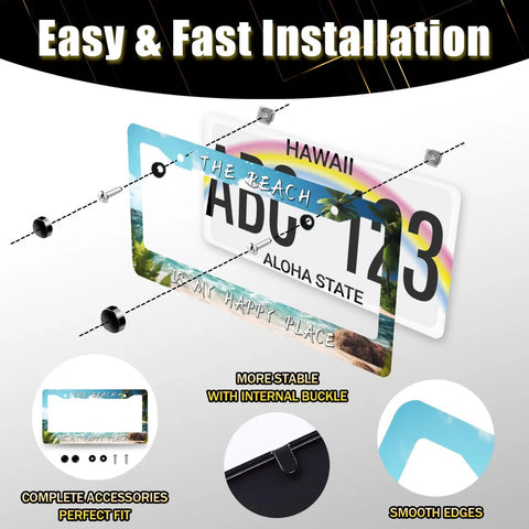 Beach Vibes License Plate Frame With Palm Tree Hawaii Theme, Stainless Steel Car Accessory, non-blocking, easy install guide