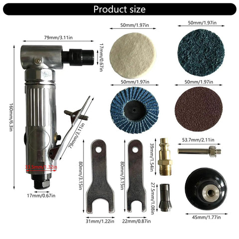 High Rpm Pneumatic Angled Grinder Tool Set With Swappable Collets Lightweight One Hand Design For Beefy Metal Fabrication And Polished Finishes Zero Hassle Built Different dimensions and parts.