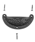 Premium Black Wrought Iron Cup Pulls 4 X 2 Inch Cabinet Drawer Handles Pack Of Six with detailed geometric design and screws.