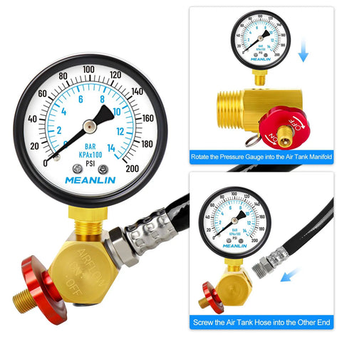 Heavy Duty Air Tank Repair Kit Featuring Solid Aluminum And Brass Valves Plus Zero To Two Hundred Psi Gauge with black hose and fittings.