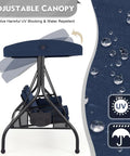 Side view of blue three-seat outdoor porch swing with adjustable canopy and water-repellent fabric