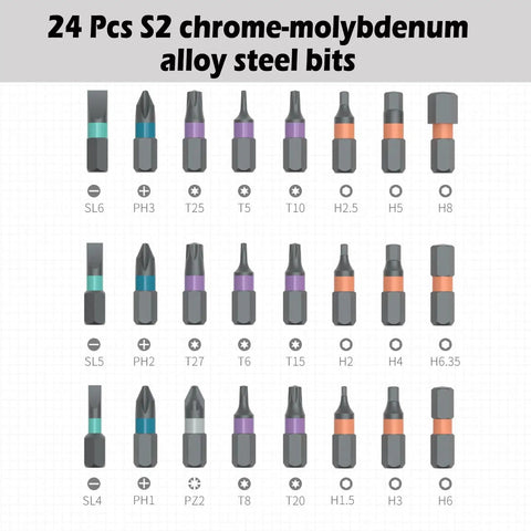24 In 1 Magnetic Ratchet Screwdriver Set S2 Steel Bits, various chrome-molybdenum alloy bits arranged in a grid layout.