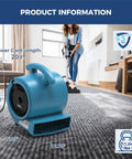 1000 CFM Air Mover Blower Fan for Drying, Venting, Exhaust, and Cooling in Home settings; shown on carpet with dimensions