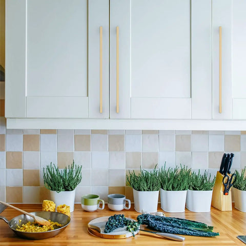 Top Tier Ten Inch Brushed Brass Cabinet Handles And Sturdy Long Drawer Pulls 10 Pack on modern kitchen cabinetry.