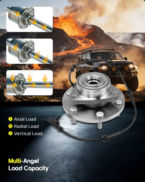 Premium Heavy Duty 4WD Front Wheel Bearing Hub Assembly 2 Pack For Nissan Titan And Armada 2012 To 2015 5.6L V8 With Integrated Abs Sensor showing features and load capacity.