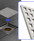 4 Inch Square Shower Drain Cover Crafted From Brushed 304 Stainless Steel with grid design, fitting over a drain opening on tile.