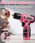 No Sweat Cordless Drill Driver Kit Featuring 62 Piece Precision Screwdriver Bit Set With Live Battery Percentage Display For Effortless Home Repairs And Weekend Construction Tasks, pink cordless drill with ergonomic grip.