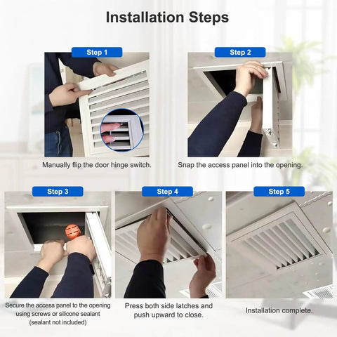 Installation steps for Solid Build Aluminum Louvered Access Panel Door With Built In Filter Grid And No Sweat Hinge Setup For Crisp Drywall Flush And Sweet Breeze Flow Measuring Eighteen By Twenty Four Inches.