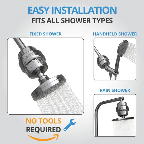 Heavy Duty Shower Filter With Extra Replacement Cartridge For Hard Water And Chlorine Removal, shown in various shower types