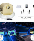 Bluetooth App Controlled 16W Twinkle Fiber Optic Star Ceiling Lighting Kit With 550 Strands Of 0.03 Inch Fiber 13.1 Feet RGBW Colors Music Sound Control Perfect For Home Indoor Or Car Interior Decor showing components and installed examples.