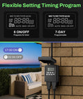 Bulldog Grade Outdoor 7 Day Programmable Timer Outlet Dual Pack with flexible setting display mounted on wall.
