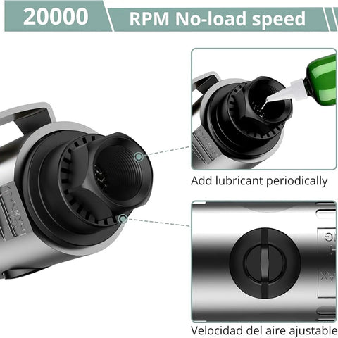 Close-up of Heavy Duty Air Die Grinder With Rock Solid Metal Housing And Precision Ball Bearings Powers Through Any Task At A Blazing 20000 Rpm, showing lubricant inlet.