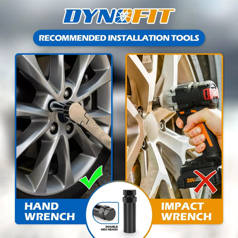 Image comparing a hand wrench and impact wrench using a 6 Spline Tuner Lug Nut Key Socket Wrench for custom wheels.