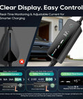 Level Two Ev Portable Charger For Tesla And Nacs Rides Offering Straight Plug Setup With 32 Amp 240V Power Via Nema 14 50 Outlet And 25 Foot Cord Adjustable Ampage with real-time display.