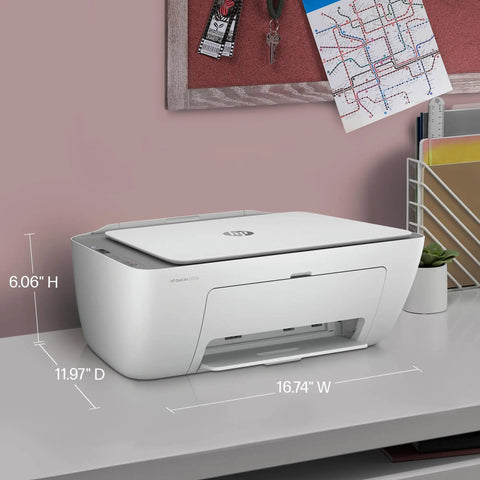 DeskJet 2755e Wireless Color Inkjet Printer With Scan Copy Easy Setup Mobile Printing Great For Home Use 1200 DPI Color Printing 60 Sheet Input Includes 6 Month Instant Ink Trial White placed on desk