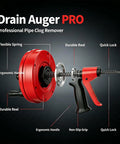 Pro Grade Heavy Duty Auto Feed Drain Auger With Sturdy Drill Adapter For Fast No Sweat Clog Removal And Super Slick Pipe Snaking For Kitchen And Bathroom Drain Rig, showing durable reel and ergonomic handle.