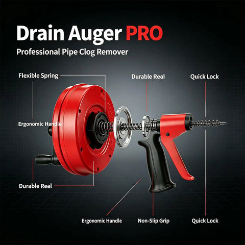 Pro Grade Heavy Duty Auto Feed Drain Auger With Sturdy Drill Adapter For Fast No Sweat Clog Removal And Super Slick Pipe Snaking For Kitchen And Bathroom Drain Rig, showing durable reel and ergonomic handle.