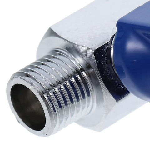 Close-up of Built Tight Mini Brass Ball Valve featuring Npt female to male connectors and smooth blue lever handle.