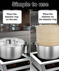 Two Tier Bamboo Food Steamer Basket For Dumplings And Fresh Seafood With No Sweat Cleanup shown on pan with steel support ring.