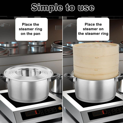Two Tier Bamboo Food Steamer Basket For Dumplings And Fresh Seafood With No Sweat Cleanup shown on pan with steel support ring.