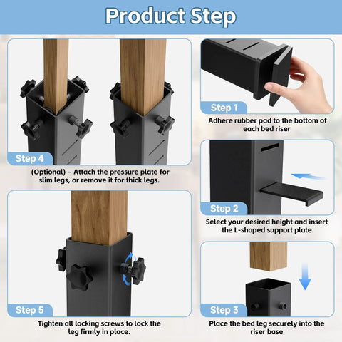 Adjustable Dorm Bed Risers Heavy Duty Steel Frame Built Different installation guide with steps for secure setup.