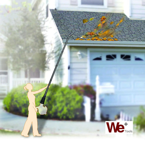 Person using Universal Gutter Cleaning Kit For Leaf Blowers With 11 Ft Reach No Ladder Needed Tool Free Setup on house gutter