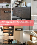 Various room settings showcasing handle and knob applications, including kitchen, living room, cloakroom, bathroom, office, and meeting room.