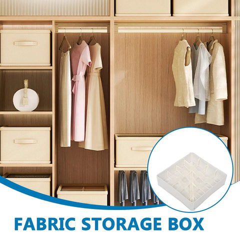 Sturdy Fabric Drawer Organizer Box With Segmented Compartments For Socks Underwear And Clothing Sorter shown in a closet with clothes.