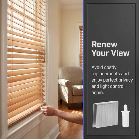 Heavy Duty Snap In Louver Pins And Window Shutter Repair Hardware Kit With Thirty Piece Blind Replacement Tabs For Patio Blinds And Wood Shutters Making Home Repairs Quick And Easy As A Breeze, shown adjusting blinds.