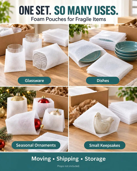 Tough As Nails Foam Pouches That Crush The Bumps During Shipping With Solid Cushion Wrap Sleeves For Fragile Gear In 60 Pack Multi Size for glassware and dishes.