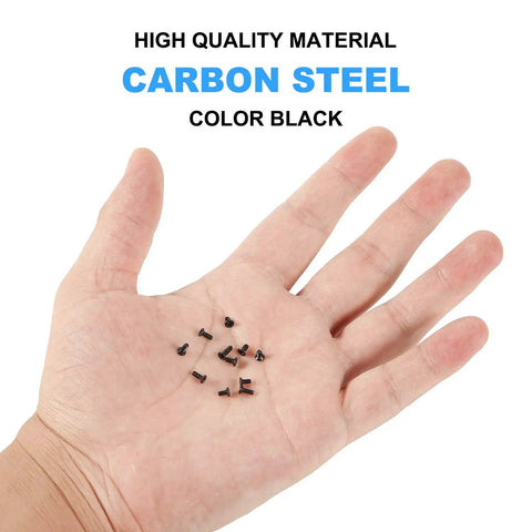 Heavy Duty M2 And M3 Laptop Screws Kit With 500 Piece Assortment For Notebook PC SSD Upgrade featuring black carbon steel screws in hand.
