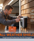 Man installing Heavy Duty Stainless Steel EV Charger Box Cover Weatherproof Charging Station Shield on exterior wall.