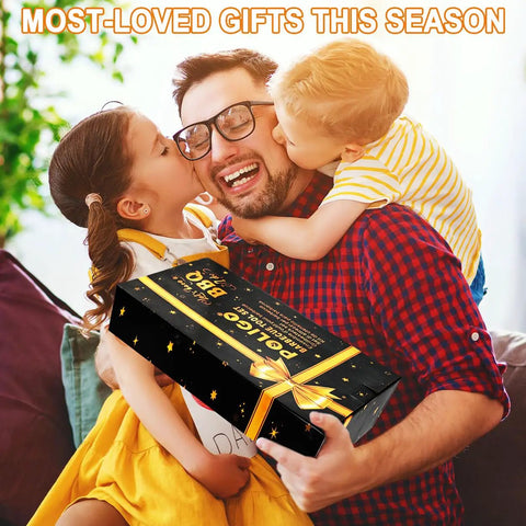 Family embracing with Heavy Duty BBQ Grill Tools Set gift box