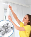 Real Deal Dual Wheel Ceiling Curtain Track Rollers And Hooks Kit With Smooth Ride Carriers Stainless Steel Hardware, woman hanging sheer curtain.