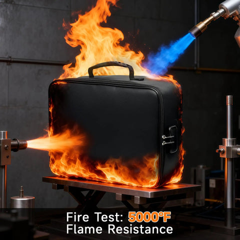 Fireproof Document Box With Lock 5200F Fire Safe File Organizer being tested at 5000°F resistance, showing flames on all sides.