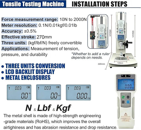 Tensile Testing Machine displaying force measurement range 10N to 2000N, compact design, and LCD backlit display for lab reports.