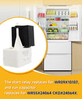 Pro Grade Refrigerator Compressor Start Relay And Overload Capacitor Replacement Kit with black relay, installed in kitchen.