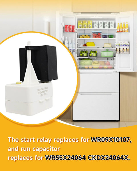 Pro Grade Refrigerator Compressor Start Relay And Overload Capacitor Replacement Kit with black relay, installed in kitchen.