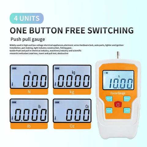 Kickass Digital Force Gauge With Hella Accurate Push And Pull Meter features four unit displays for versatile testing.