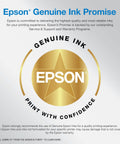 Epson Genuine Ink Promise seal with text about service and support, emphasizing commitment to quality and reliability for Epson printers.