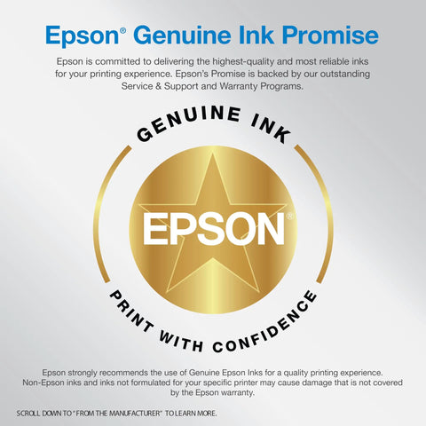 Epson Genuine Ink Promise seal with text about service and support, emphasizing commitment to quality and reliability for Epson printers.