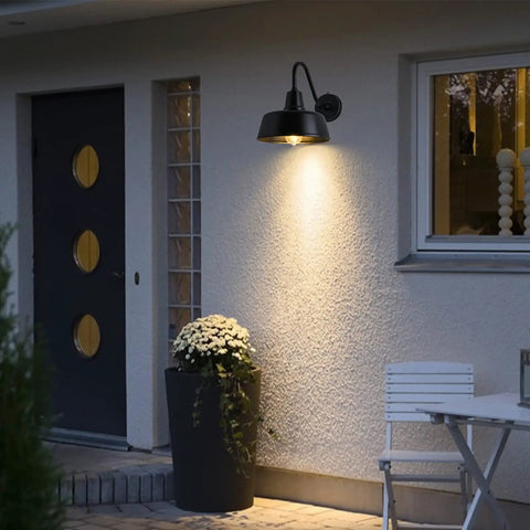 Illuminated door with Gooseneck Barn Lights Outdoor Dusk to Dawn Sensor for Porch and Garage Black Exterior Farmhouse.
