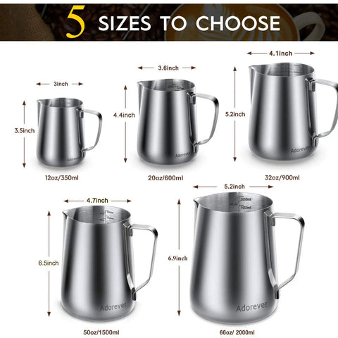 Five stainless steel milk frothing pitchers, including a 20oz Stainless Steel Milk Frothing Pitcher With Latte Art Pen For Home Espresso Machines And Coffee Bars, Perfect For Frothing And Steaming Milk, Pouring Latte Art, Durable Barista Tools, showing size options from 12oz to 66oz with handles and spouts.