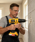 Skip The Hassle And Get Some Real Work Done With This Cordless Power Drill Packing A High Torque Motor Quick Change Chuck And Comfort Grip For Stress Free Woodwork Tasks being used to drill into a concrete wall.