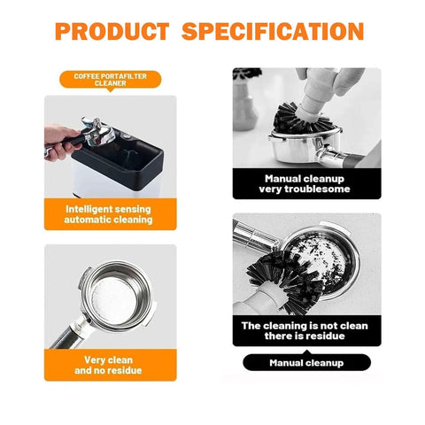 Electric Espresso Knock Box Featuring Automatic Portafilter Scraper For 51mm 58mm Handles shown with cleaning process in different stages.