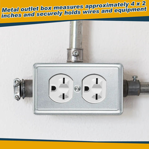 Four Metal Electrical Boxes Kit With Exposed Work Covers, Ground Wires And Screws, Deep One And A Half Inches, 21 Cubic Inches Capacity, Half Inch Knockouts, Galvanized Junction Boxes For Wall Outlets And Switches installed with duplex outlets