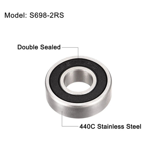 Tough As Nails Stainless Steel Ball Bearings Double Sealed S698 Format 8 mm X 19 mm X 6 mm showing double-sealed design and 440C stainless steel material.